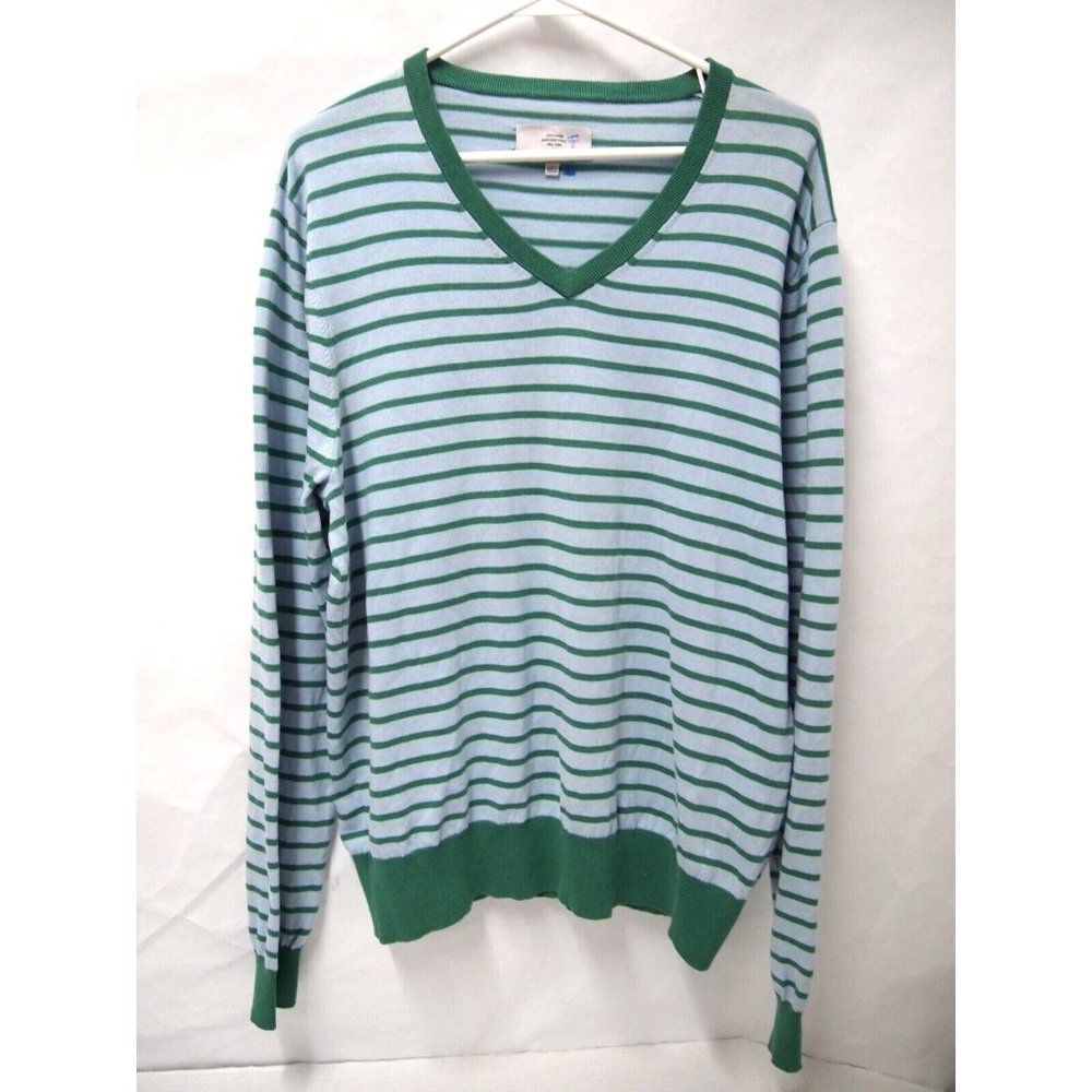Jack Spade Womens Sweater L Blue Green Striped V-Neck Cotton Pullover C258